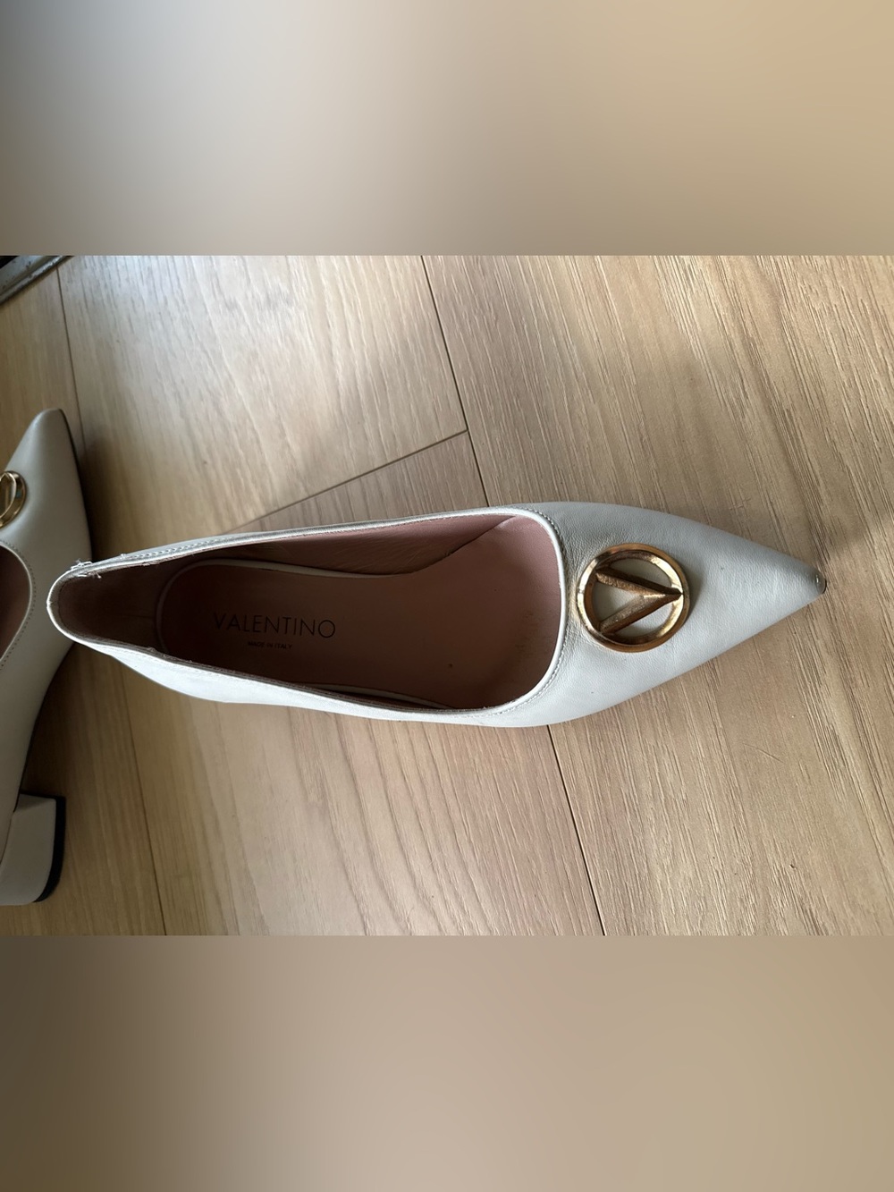 Valentino Cream Pointed Low-Heel Pumps with Gold Logo Accent - Picture 2 of 4